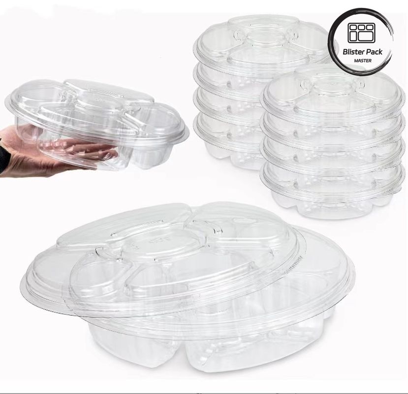 5 Section Round Serving Tray With Lid Plastic Platter Trays For Supermarket Veggie Display