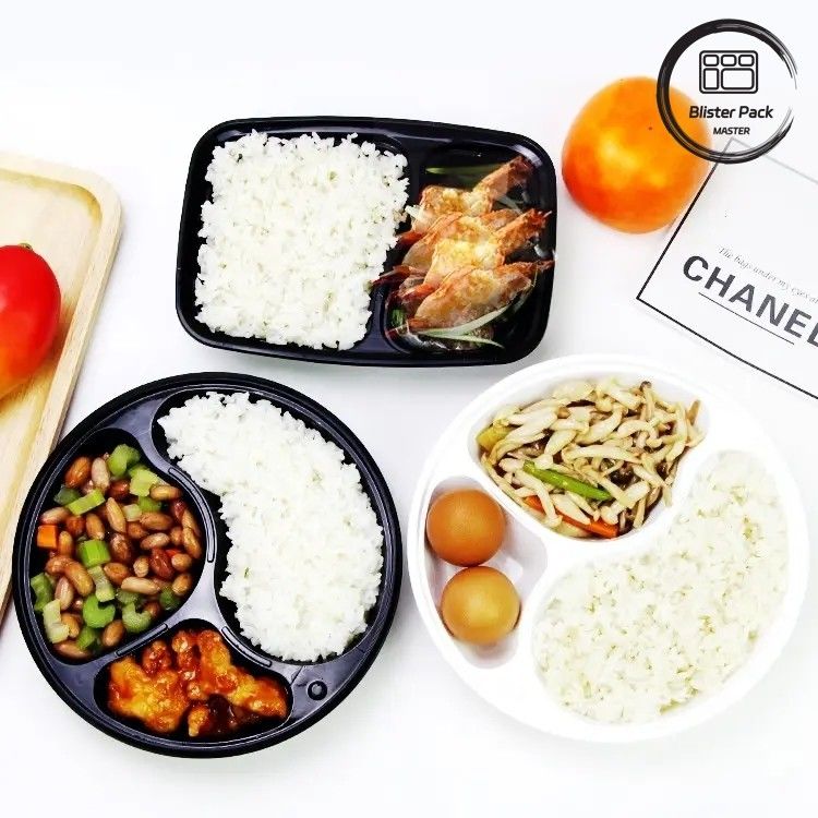 Microwavable Plastic Take Out Boxes with 2, 3, 4, 6 Compartments Black Rectangular Disposable Meal Containers