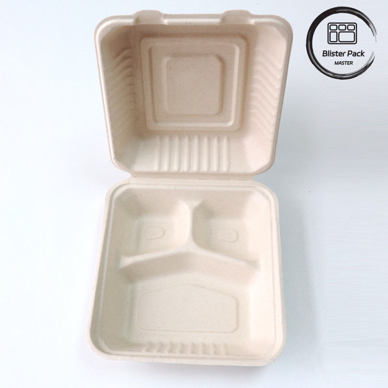 Blister Eco Compostable Clamshell 3 Compartment Disposable Lunch Box Sugarcane Bagasse