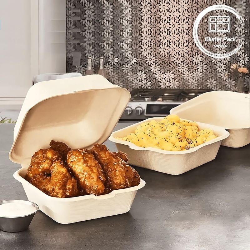 Blister Eco Compostable Clamshell 3 Compartment Disposable Lunch Box Sugarcane Bagasse