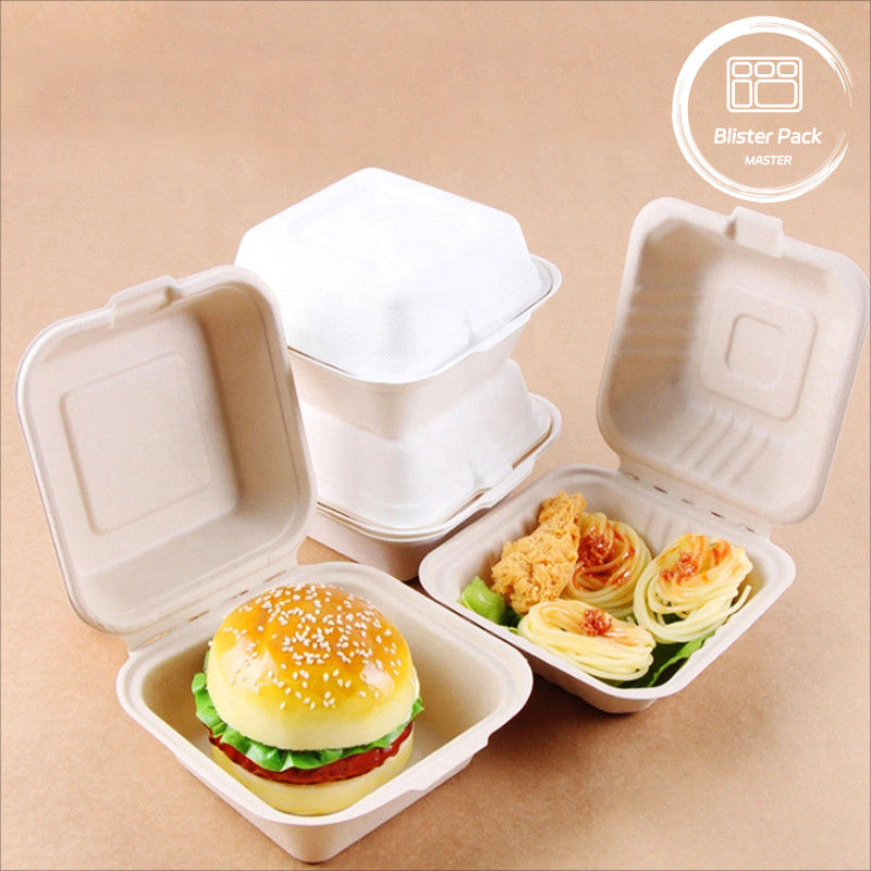 Blister Eco Compostable Clamshell 3 Compartment Disposable Lunch Box Sugarcane Bagasse