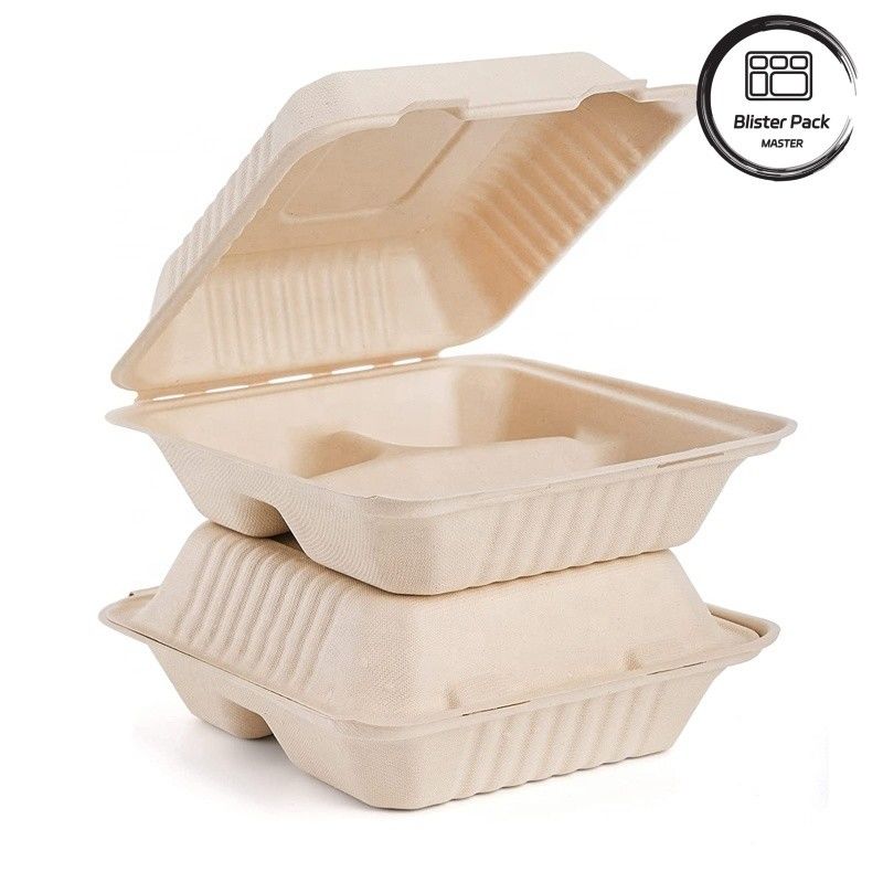 Blister Eco Compostable Clamshell 3 Compartment Disposable Lunch Box Sugarcane Bagasse