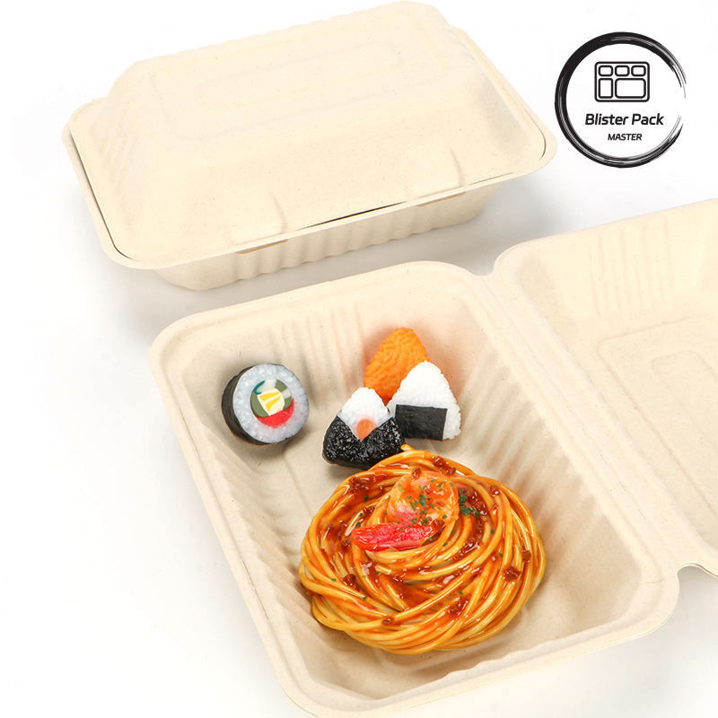 9-Inch Sugarcane Bagasse Clamshell Lunch Box Disposable and Biodegradable Food Container for Burgers and Bakery