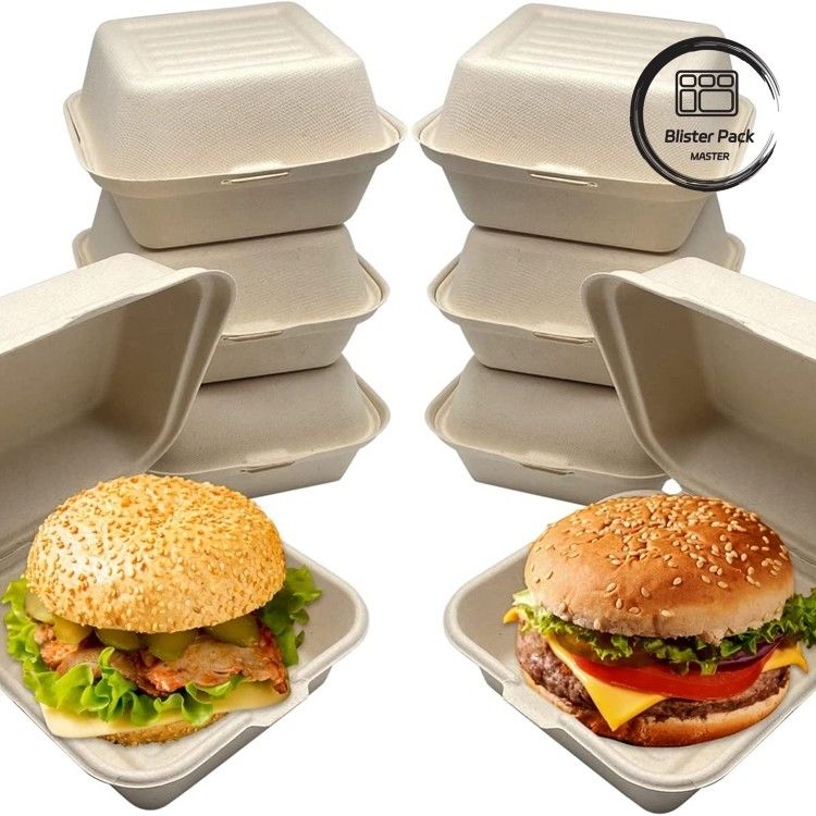 9-Inch Sugarcane Bagasse Clamshell Lunch Box Disposable and Biodegradable Food Container for Burgers and Bakery